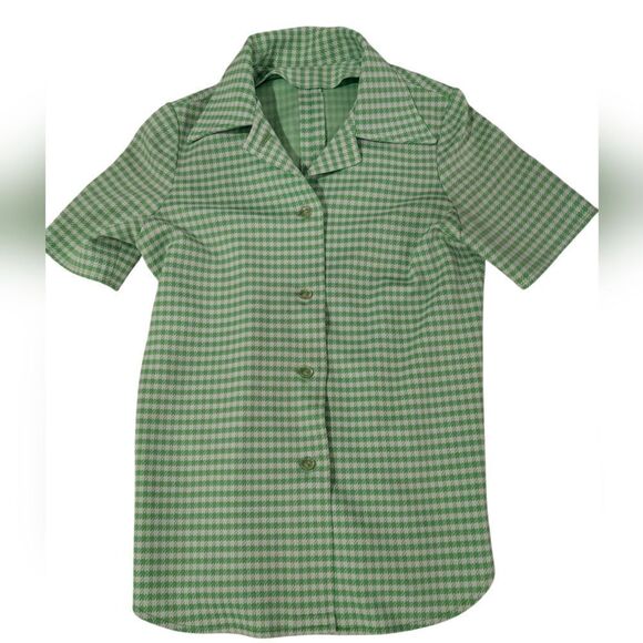 Women's 70s Vintage 3 Piece Polyester Green & White Checkered Leisure Suit Set - Picture 4 of 13